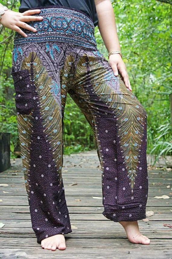 Brown Teal Peacock Womens Boho Pants