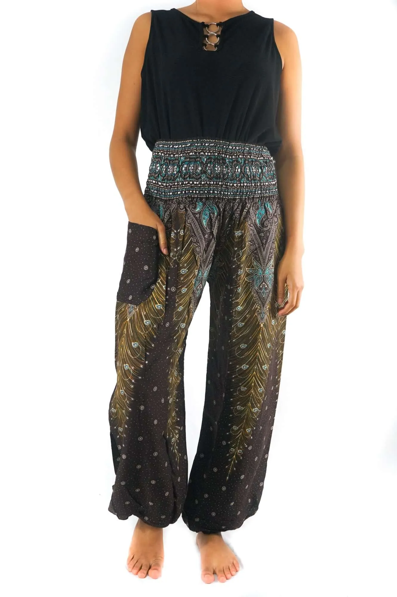 Brown Teal Peacock Womens Boho Pants