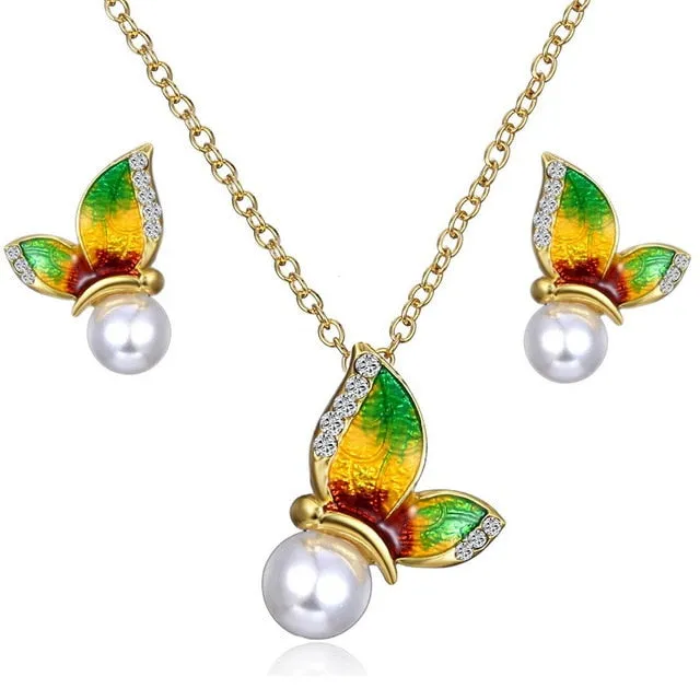Butterfly Enamel Pearl Jewelry Set for Women Jewelry