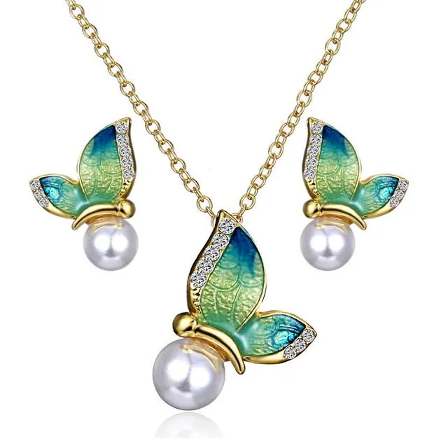 Butterfly Enamel Pearl Jewelry Set for Women Jewelry