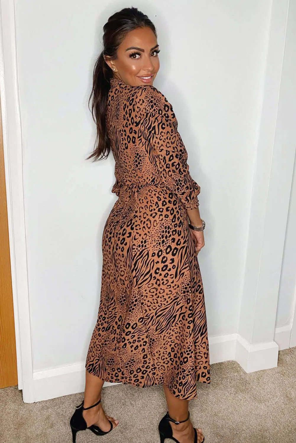 Camel Animal Printed Sheered Cuff Midi Dress