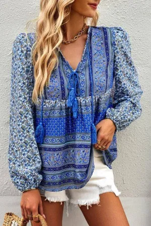 Carter V Neck Drawstring Floral Print Top Blue