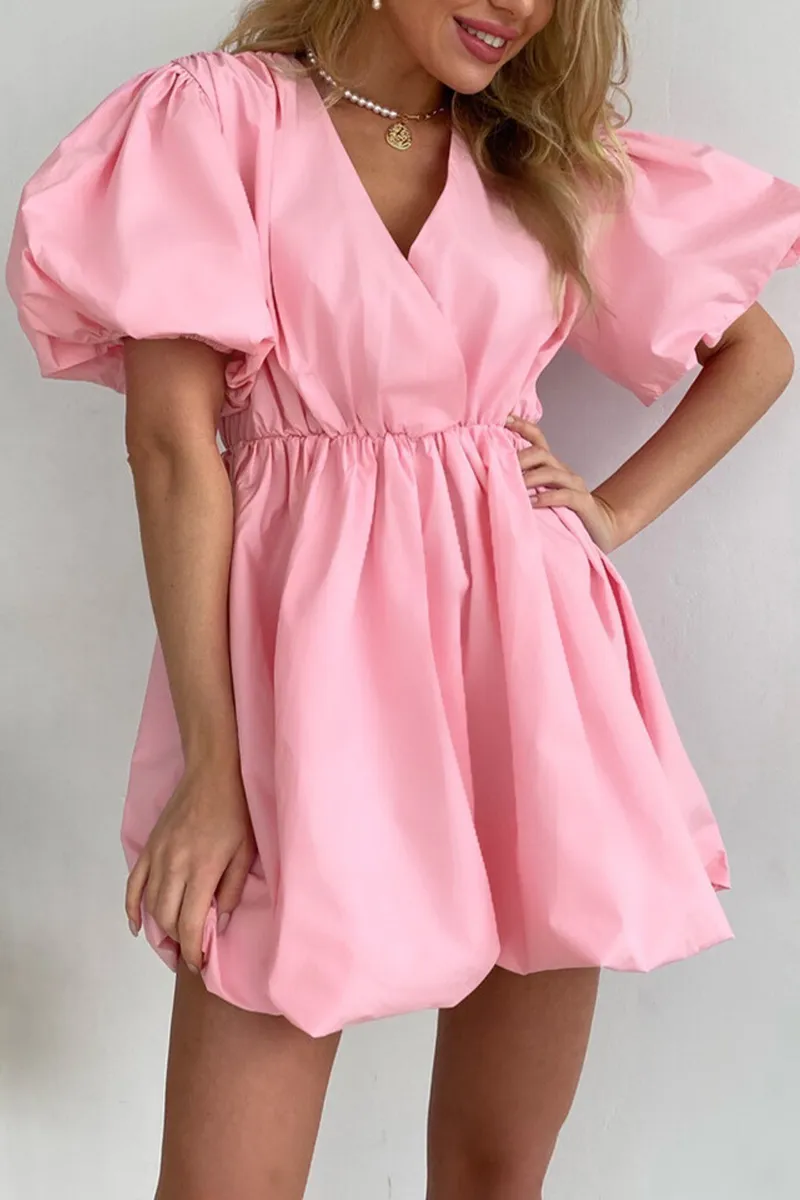 Casual Solid Color Ruched V Neck Princess Short Sleeve Dress(5 Colors)