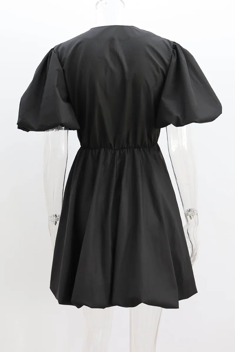 Casual Solid Color Ruched V Neck Princess Short Sleeve Dress(5 Colors)