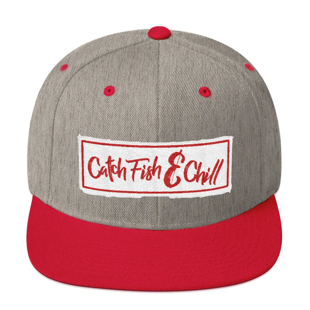 CATCH FISH & CHILL BOX LOGO RED FLAT BILL WOOL SNAP BACK