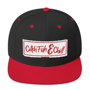 CATCH FISH & CHILL BOX LOGO RED FLAT BILL WOOL SNAP BACK