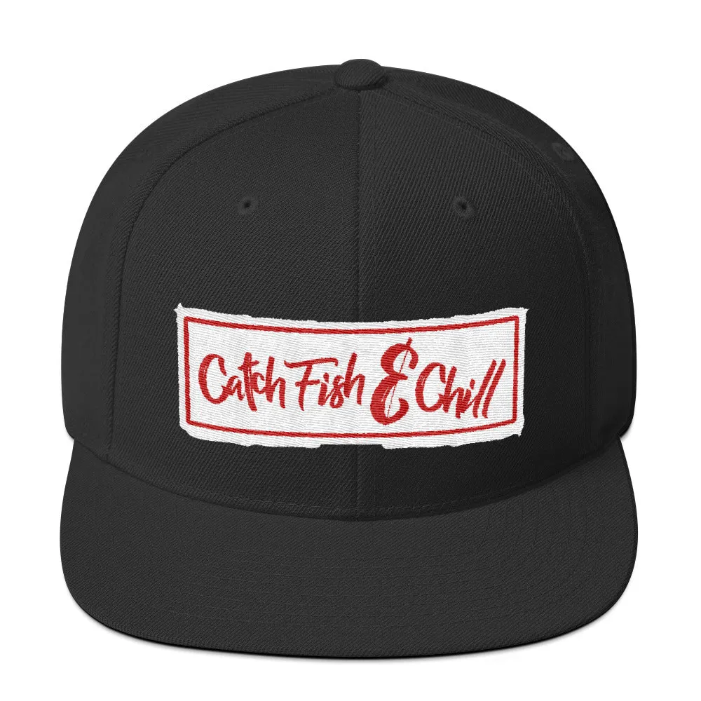 CATCH FISH & CHILL BOX LOGO RED FLAT BILL WOOL SNAP BACK
