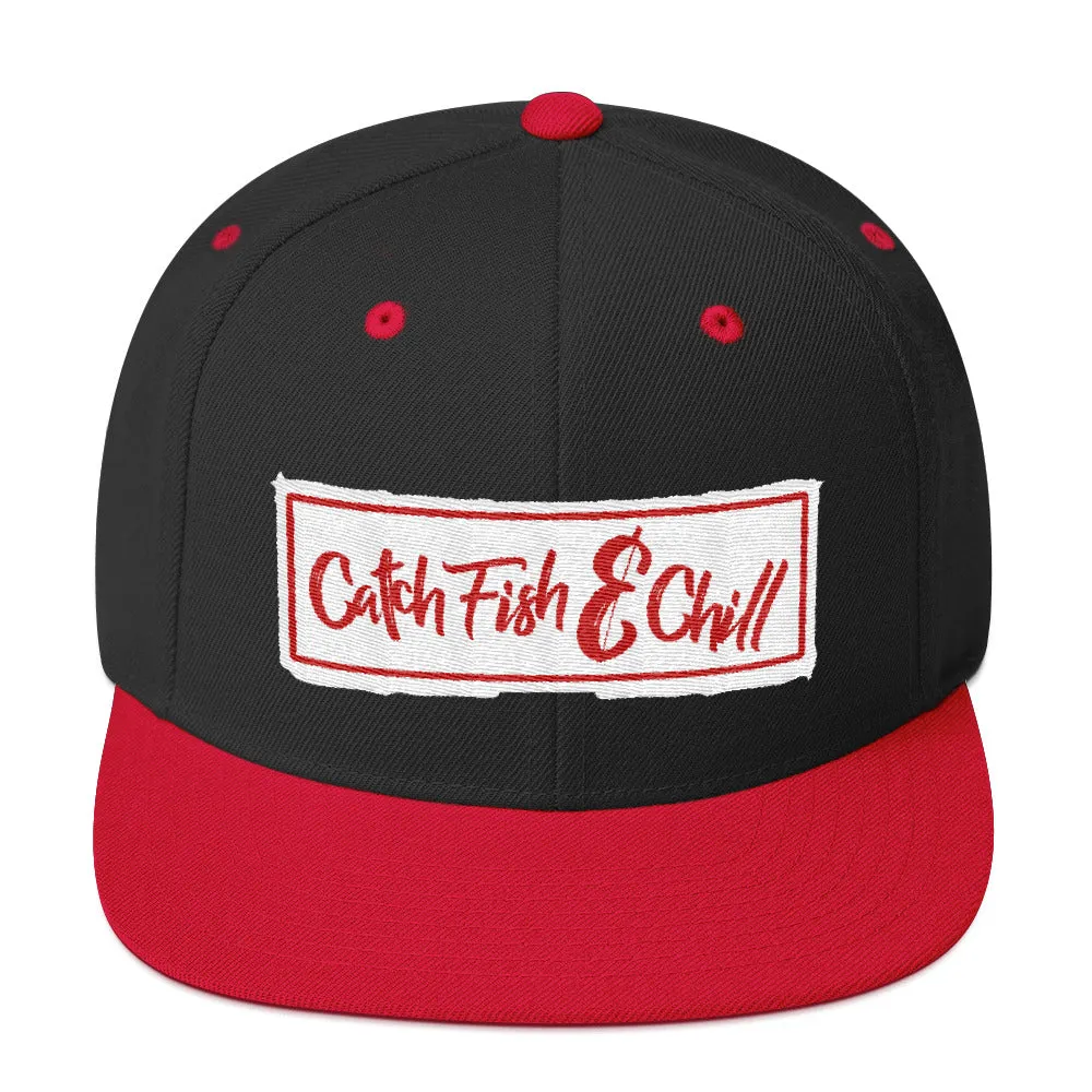 CATCH FISH & CHILL BOX LOGO RED FLAT BILL WOOL SNAP BACK