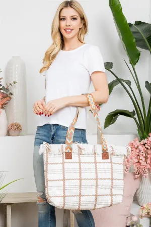 CHECKED PATTERN TOP FRINGE PATTERN STRAP BAG