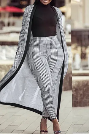 Chelsey Grid Printed Long Jacket 2pc Pants Set