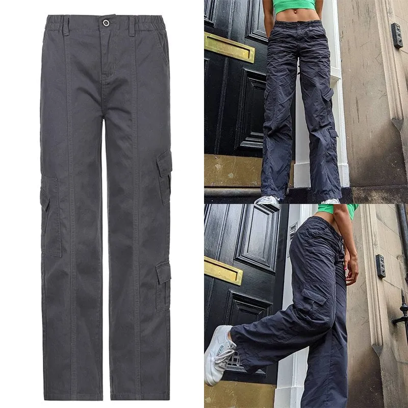 CityHottie - Women Spring Fashion Multi Pockets White Cargo Pants Women Adjustable Low Waist Baggy Wide Leg Jeans Oversized Casual Trousers Retro Bottoms Iamhotty