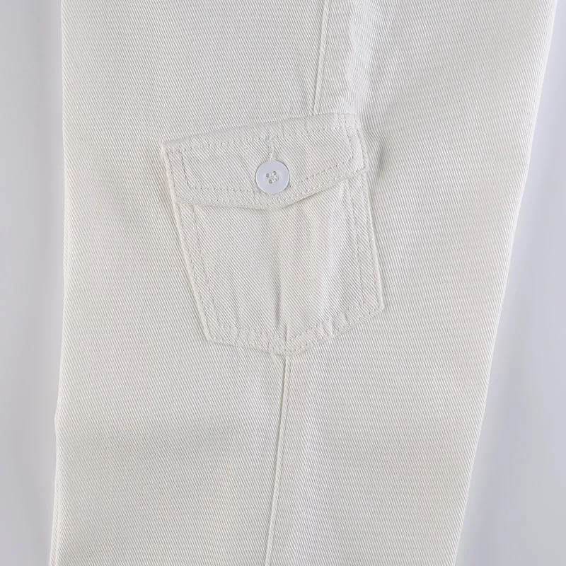 CityHottie - Women Spring Fashion Multi Pockets White Cargo Pants Women Adjustable Low Waist Baggy Wide Leg Jeans Oversized Casual Trousers Retro Bottoms Iamhotty