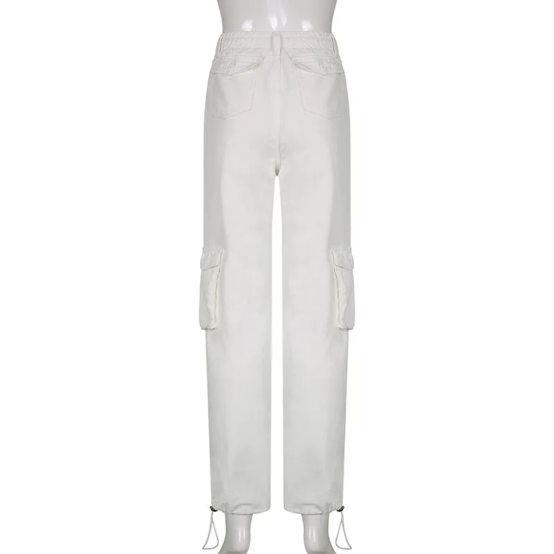 CityHottie - Women Spring Fashion Multi Pockets White Cargo Pants Women Adjustable Low Waist Baggy Wide Leg Jeans Oversized Casual Trousers Retro Bottoms Iamhotty