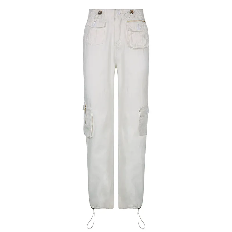 CityHottie - Women Spring Fashion Multi Pockets White Cargo Pants Women Adjustable Low Waist Baggy Wide Leg Jeans Oversized Casual Trousers Retro Bottoms Iamhotty