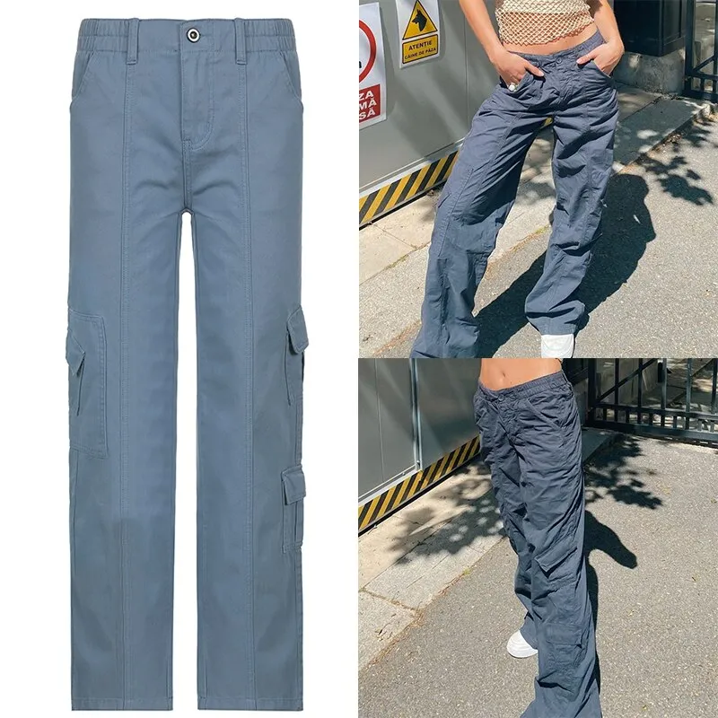 CityHottie - Women Spring Fashion Multi Pockets White Cargo Pants Women Adjustable Low Waist Baggy Wide Leg Jeans Oversized Casual Trousers Retro Bottoms Iamhotty
