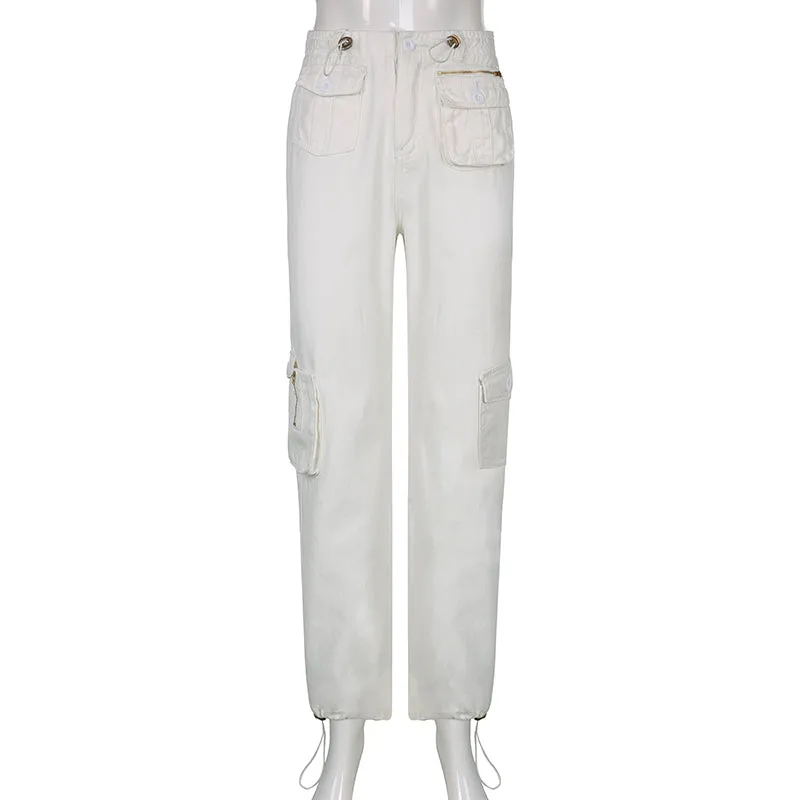 CityHottie - Women Spring Fashion Multi Pockets White Cargo Pants Women Adjustable Low Waist Baggy Wide Leg Jeans Oversized Casual Trousers Retro Bottoms Iamhotty
