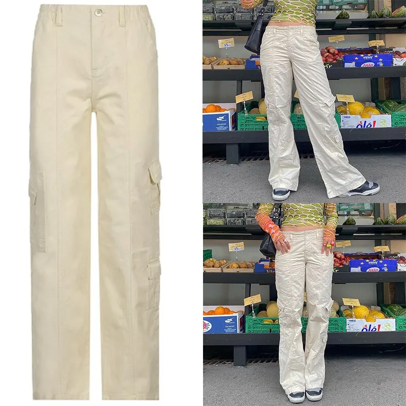 CityHottie - Women Spring Fashion Multi Pockets White Cargo Pants Women Adjustable Low Waist Baggy Wide Leg Jeans Oversized Casual Trousers Retro Bottoms Iamhotty