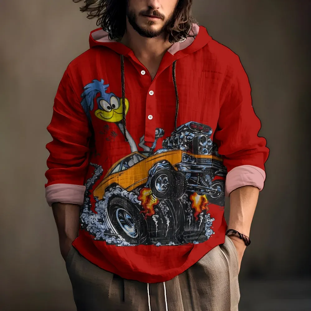 Classic Cartoon Modified Car Printing Hooded half-open long-sleeved shirt