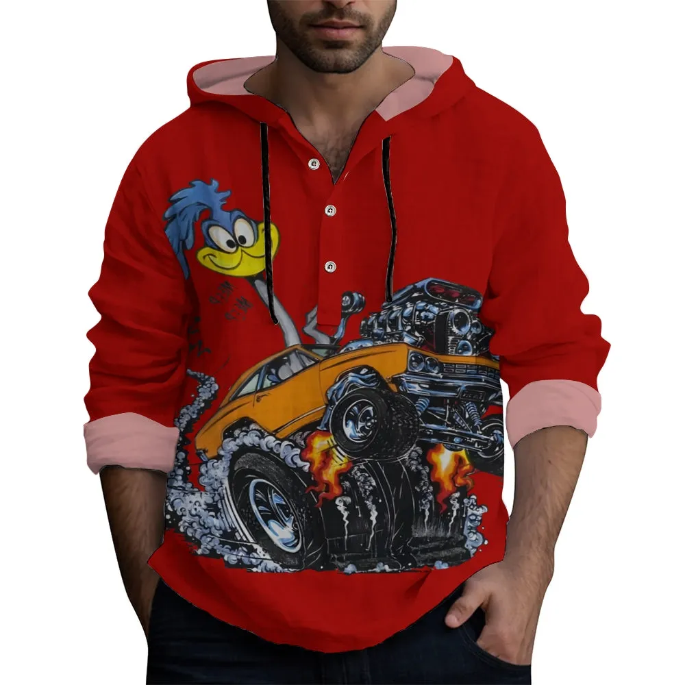 Classic Cartoon Modified Car Printing Hooded half-open long-sleeved shirt