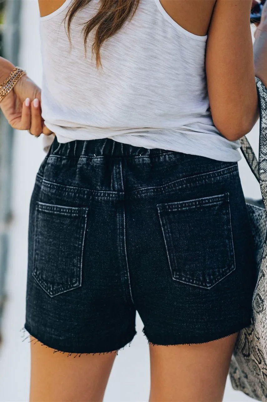 Clayton Distressed Drawstring Denim Shorts - Balck