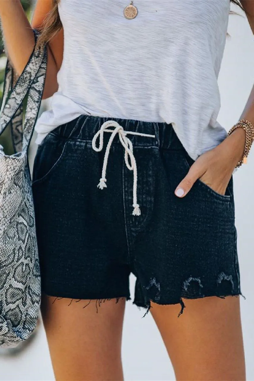 Clayton Distressed Drawstring Denim Shorts - Balck