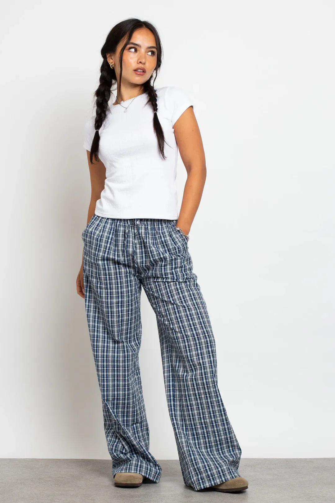Daisy Street Check Wide Leg Trouser with Drawcord Waist