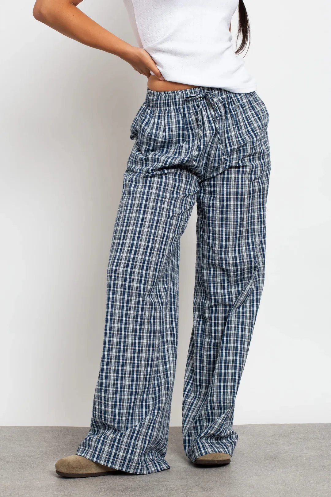 Daisy Street Check Wide Leg Trouser with Drawcord Waist