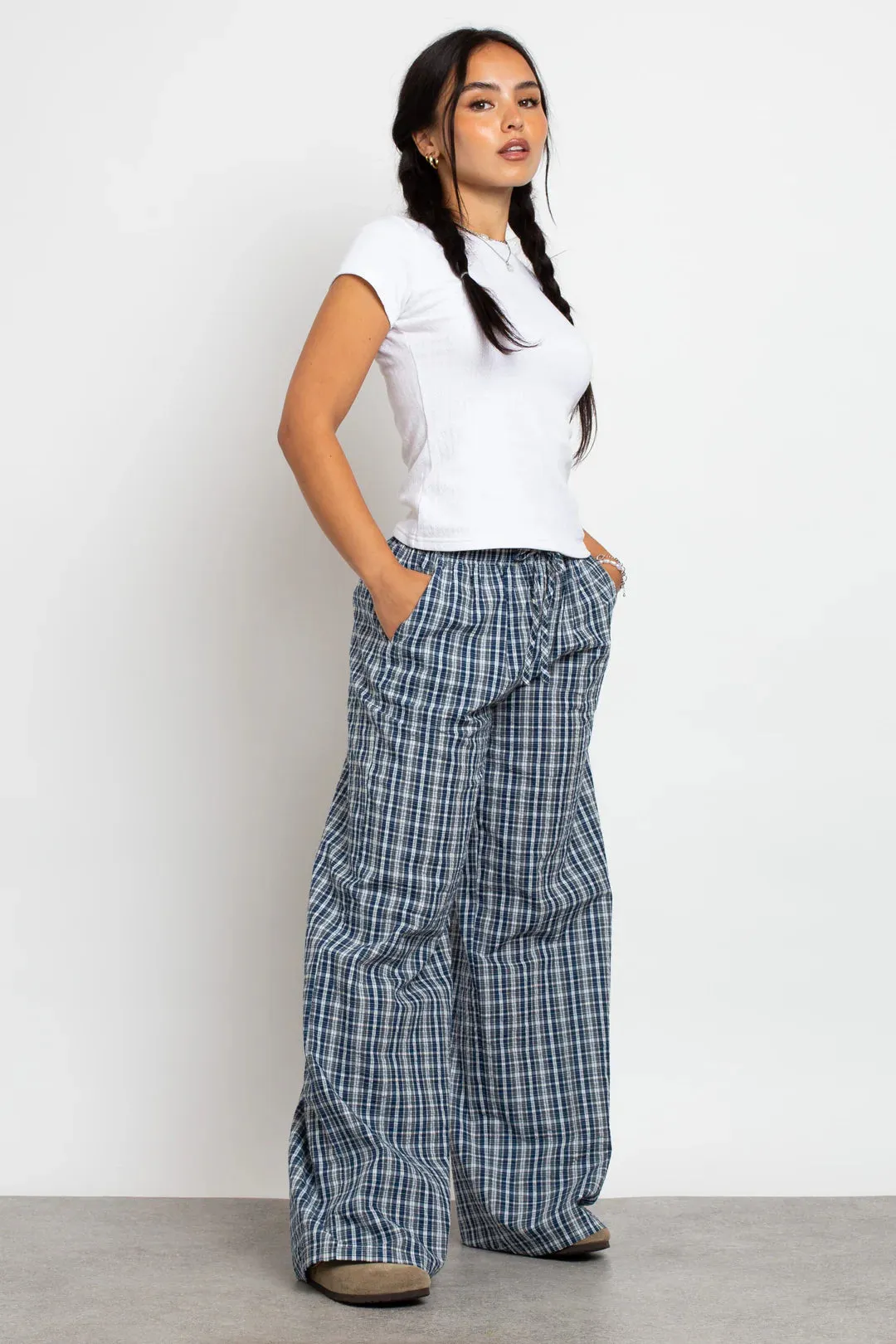 Daisy Street Check Wide Leg Trouser with Drawcord Waist
