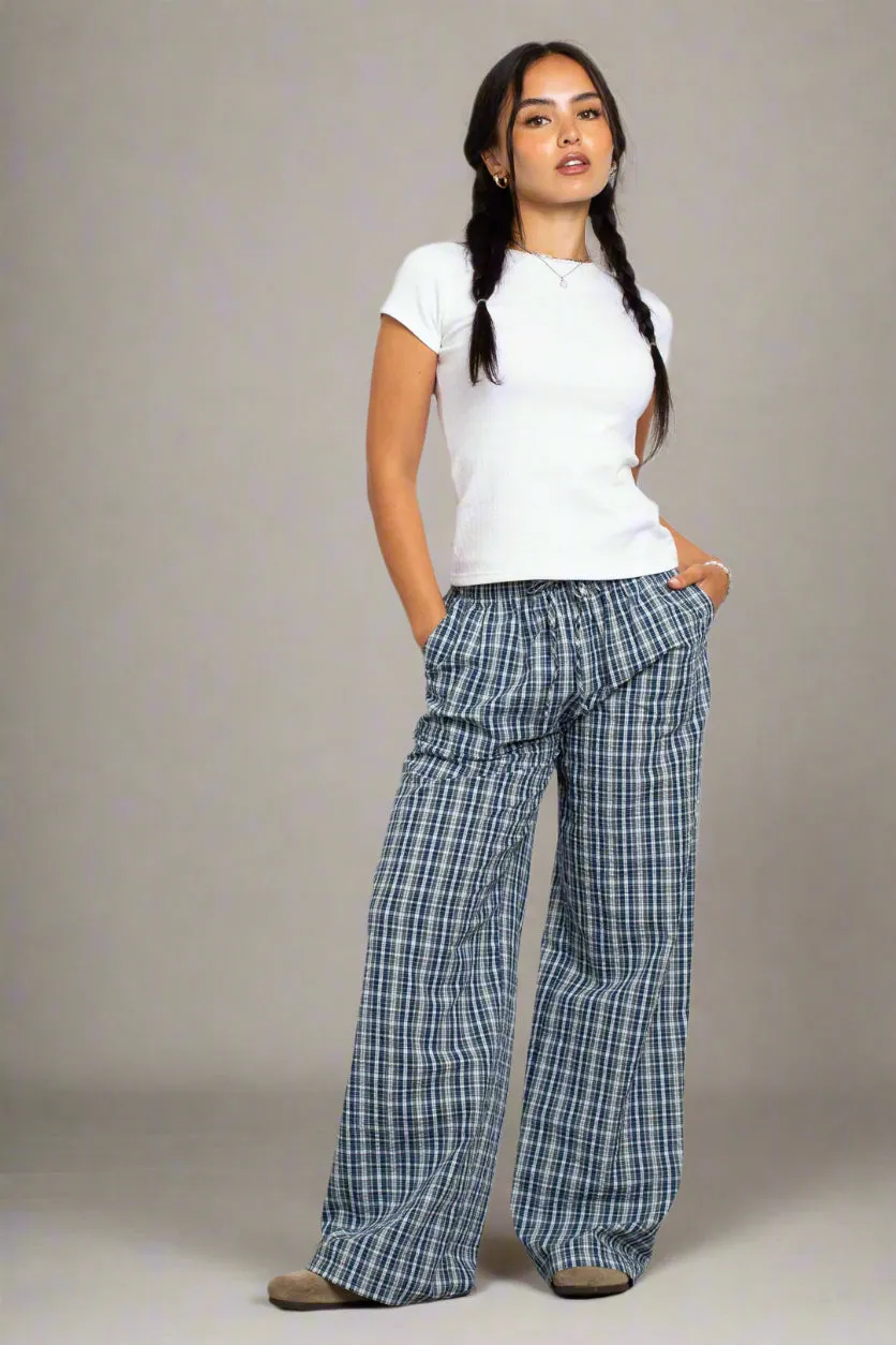 Daisy Street Check Wide Leg Trouser with Drawcord Waist