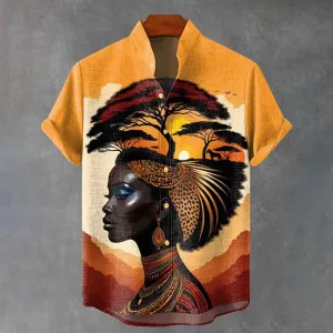 Decorative Pattern of Women and African Scenery In Ethnic Style Shirt