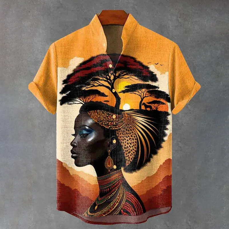 Decorative Pattern of Women and African Scenery In Ethnic Style Shirt