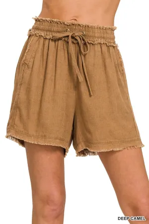 Deep Camel Washed Frayed Hem Zenana Shorts 1/13/25 9235
