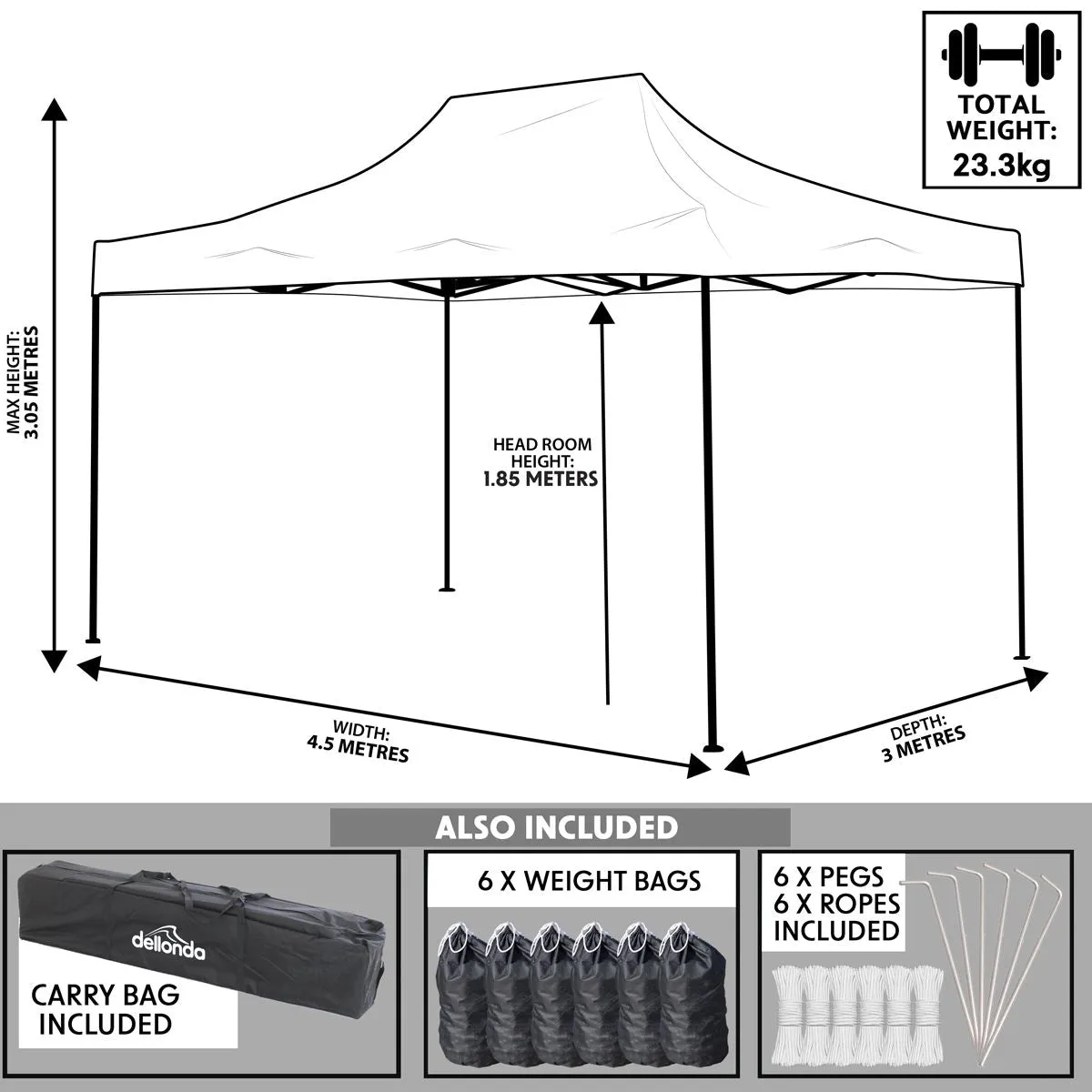 Dellonda Premium 3 x 4.5m Pop-Up Gazebo, Heavy Duty, PVC Coated, Water Resistant Fabric, Supplied with Carry Bag, Rope, Stakes & Weight Bags - Blue Canopy