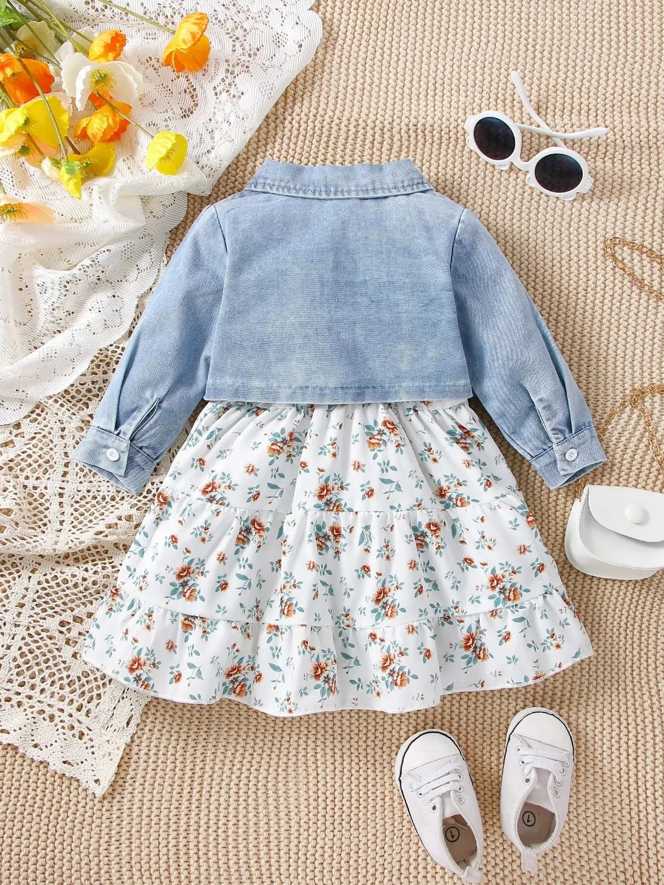Denim Coat Floral   Slip Skirt Two-piece Casual Fashion Suit