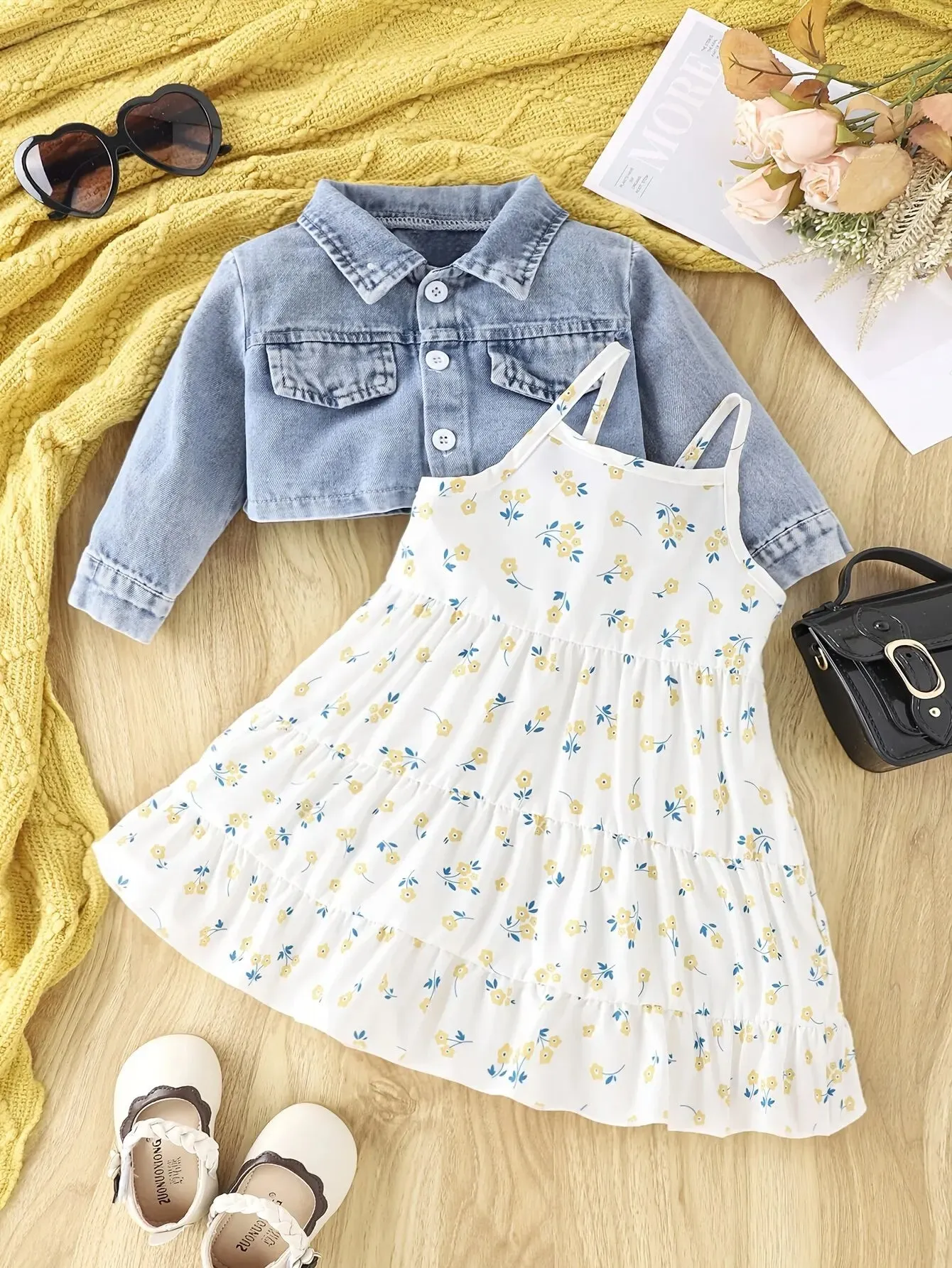 Denim Coat Floral   Slip Skirt Two-piece Casual Fashion Suit