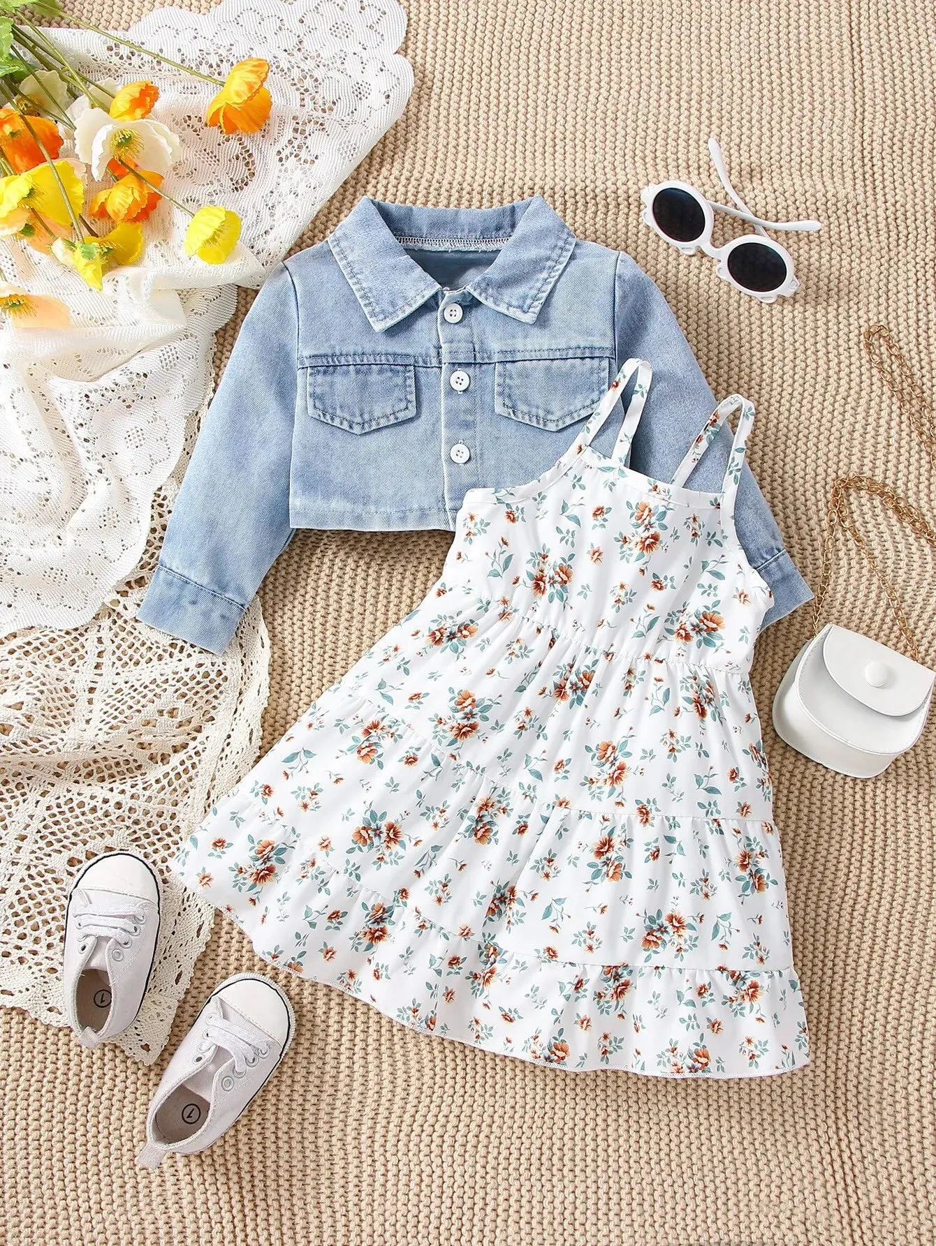 Denim Coat Floral   Slip Skirt Two-piece Casual Fashion Suit