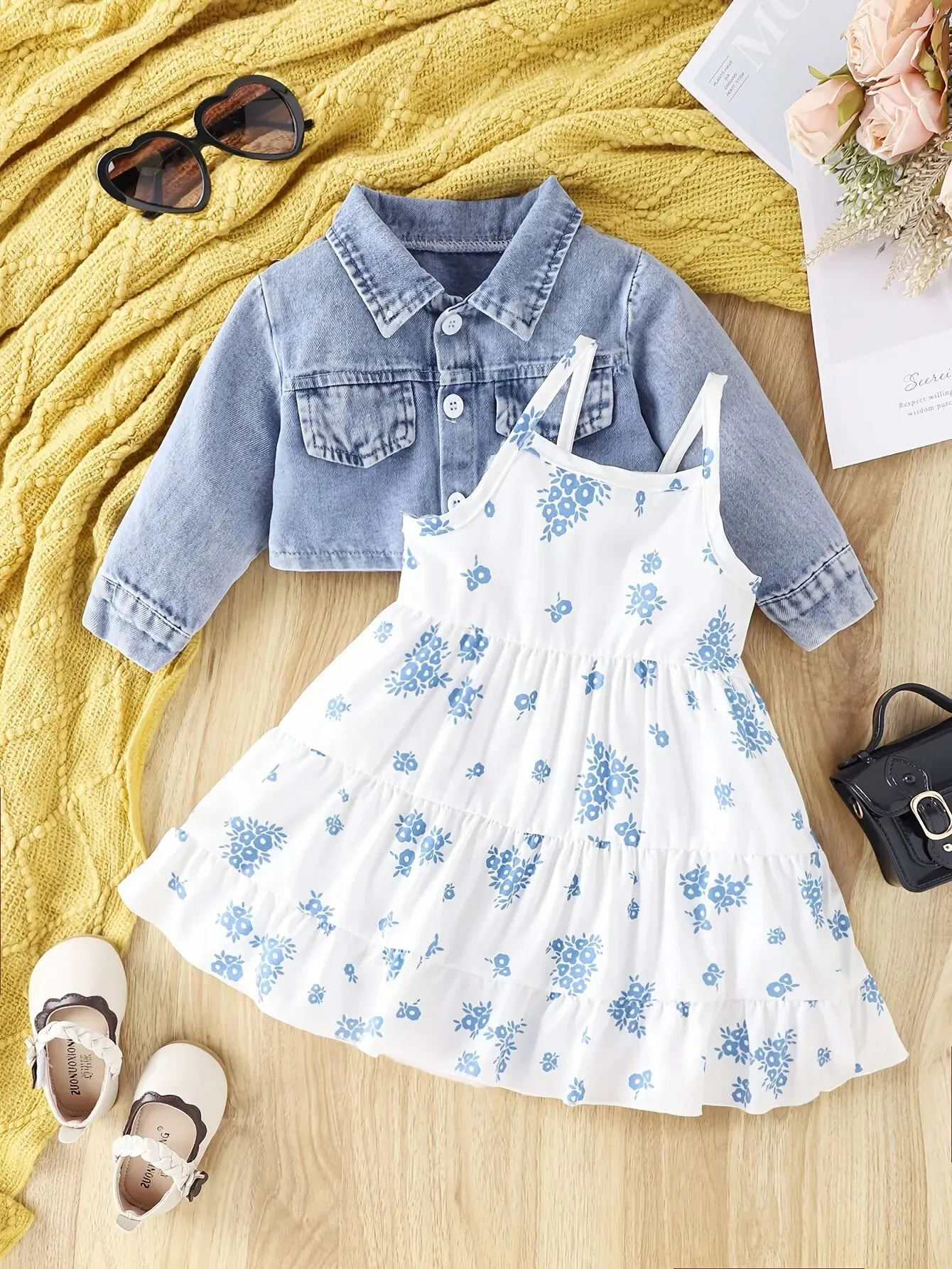 Denim Coat Floral   Slip Skirt Two-piece Casual Fashion Suit