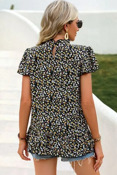 Ditsy Floral Mock Neck Short Sleeve Top (4 Colors)