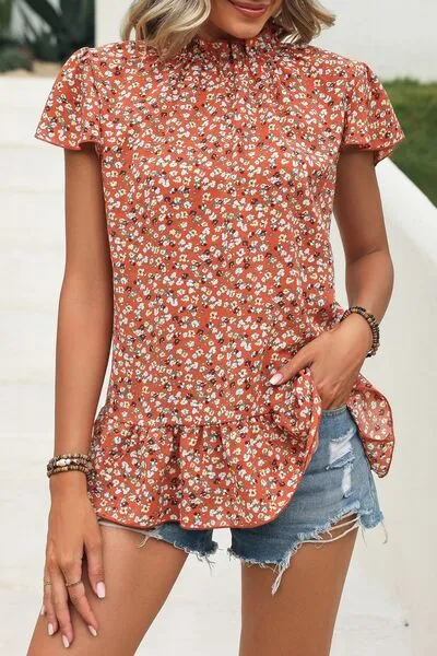 Ditsy Floral Mock Neck Short Sleeve Top (4 Colors)