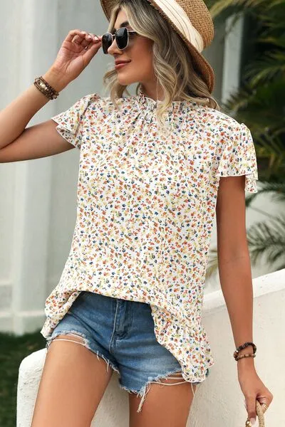 Ditsy Floral Mock Neck Short Sleeve Top (4 Colors)