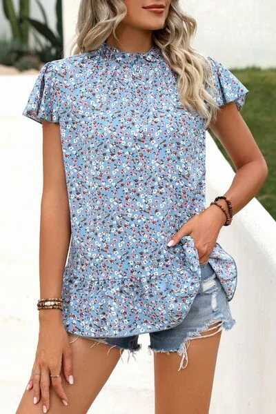 Ditsy Floral Mock Neck Short Sleeve Top (4 Colors)