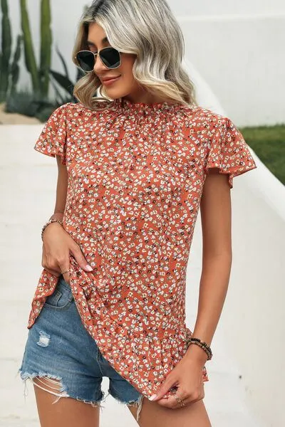 Ditsy Floral Mock Neck Short Sleeve Top (4 Colors)
