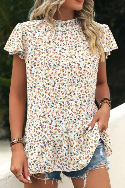 Ditsy Floral Mock Neck Short Sleeve Top (4 Colors)