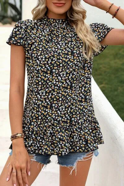 Ditsy Floral Mock Neck Short Sleeve Top (4 Colors)