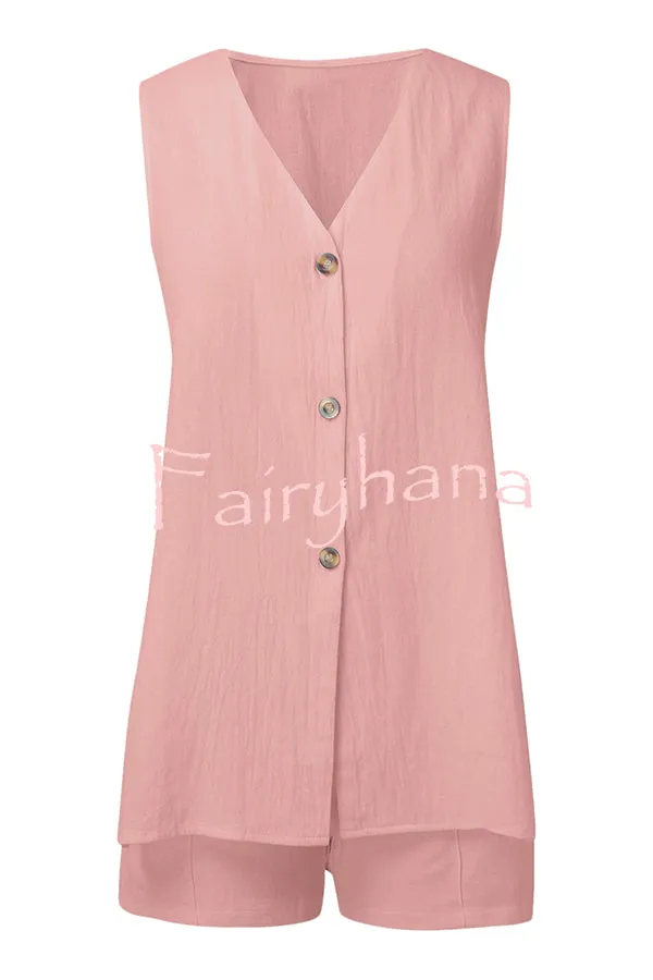 Edna Linen Blend Slit Button Down Loose Vest and Elastic Waist Pocket Shorts Set