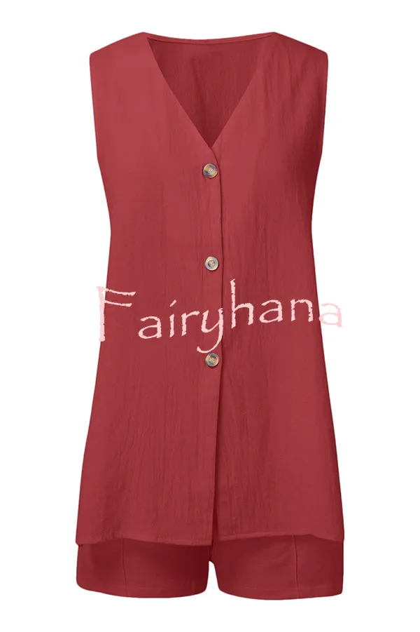 Edna Linen Blend Slit Button Down Loose Vest and Elastic Waist Pocket Shorts Set