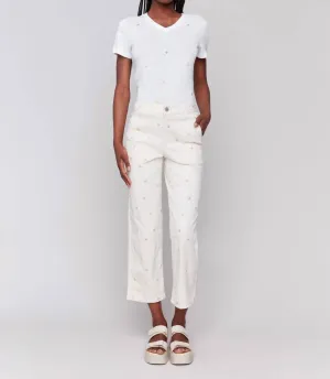 Embroidered Cropped Twill Pants In Natural