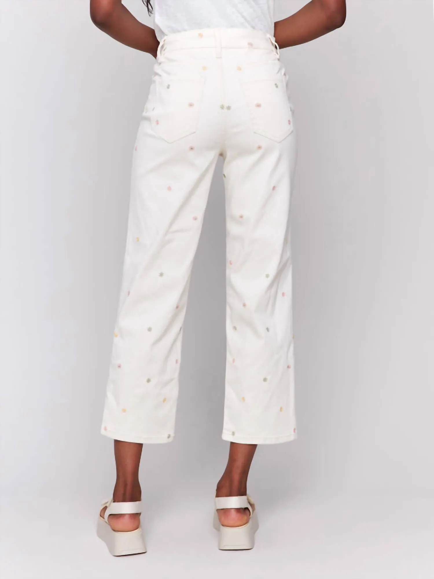 Embroidered Cropped Twill Pants In Natural