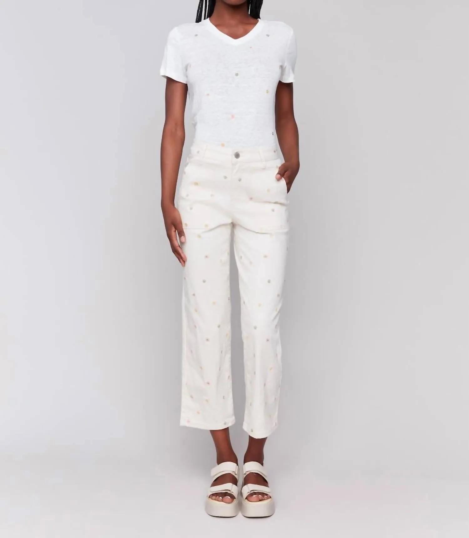 Embroidered Cropped Twill Pants In Natural