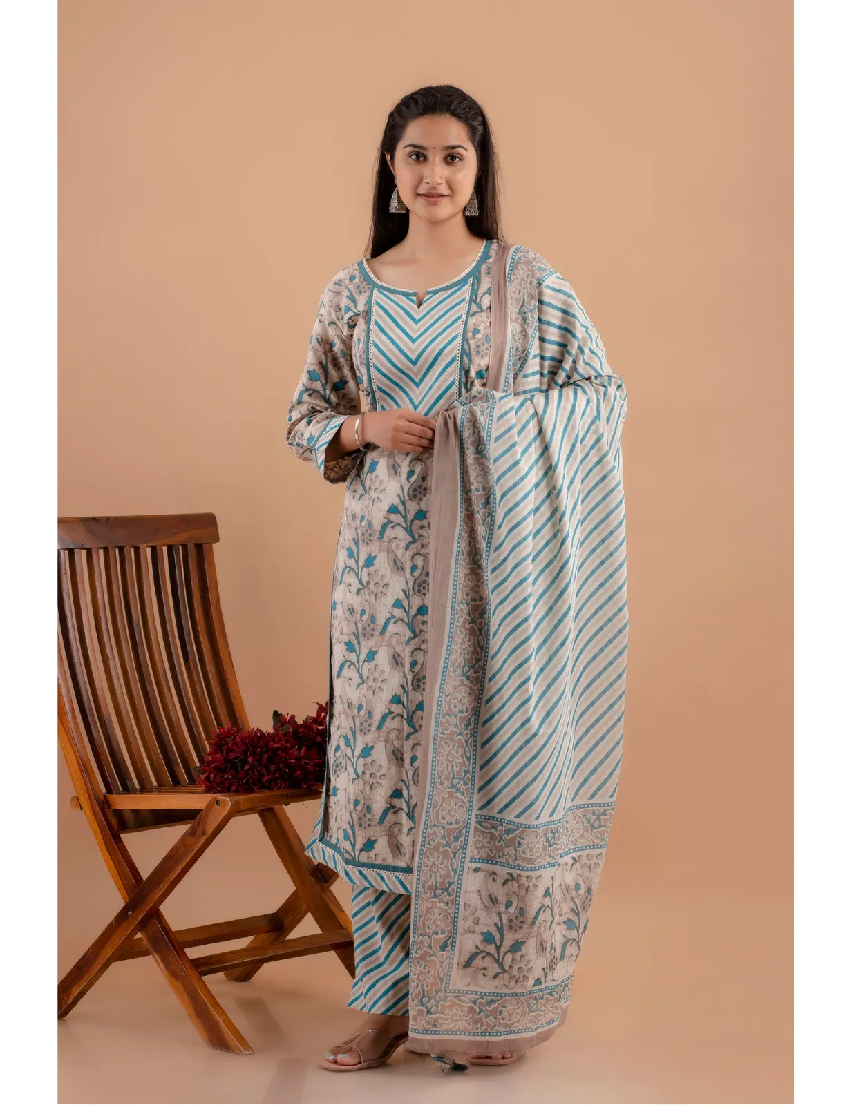Exquisite Cadet Blue Batik Print Kurta Set